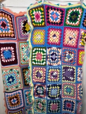 Lot of 2 Handmade Granny Square Crochet Multi-Colored Afghan Throw Blankets